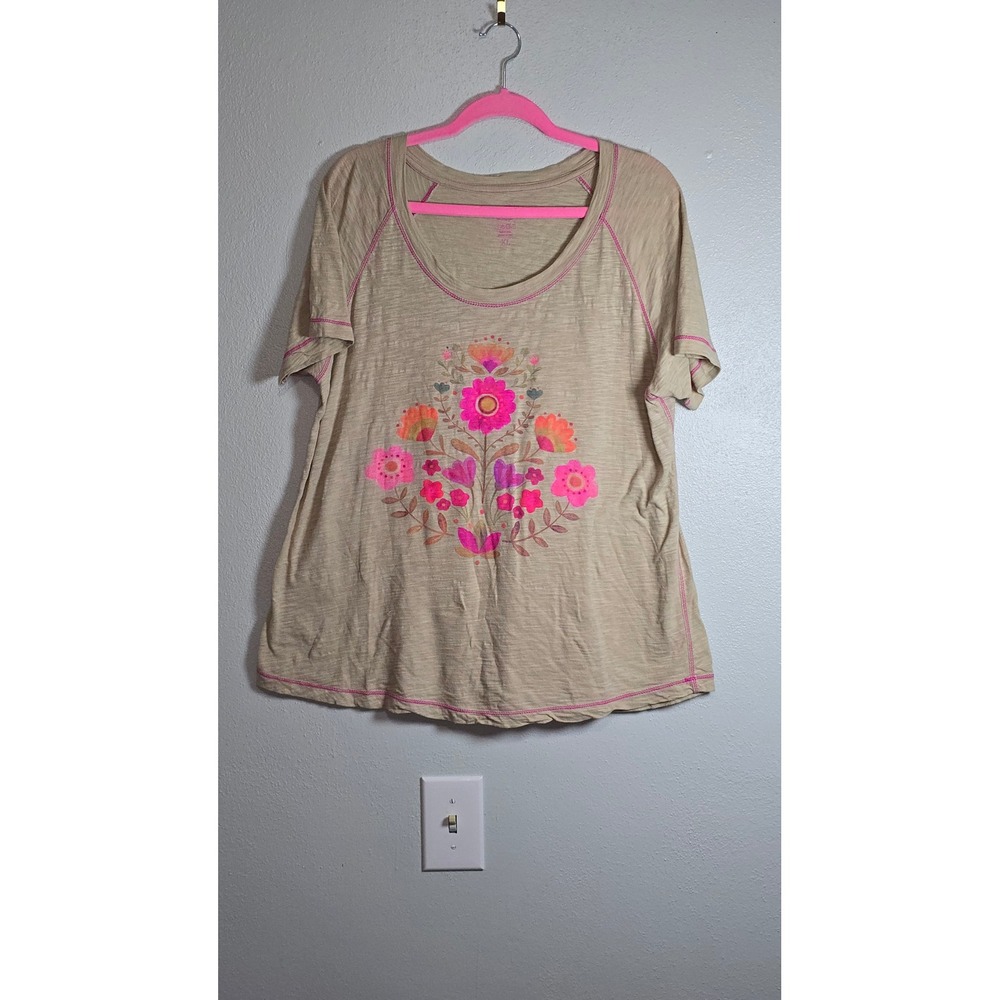 Natural Life Tan Slub Knit Floral Graphic Tee Pink Contrast Stitch XL gorpcore